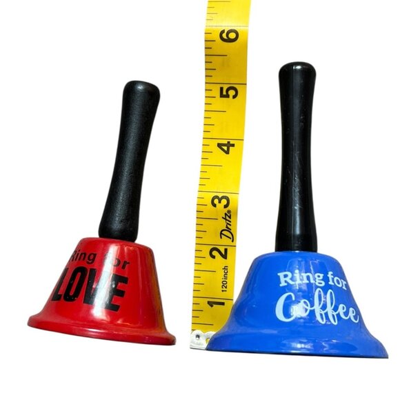 Set Of 2 Handheld Bells "Ring For Love" & "Ring For Coffee" Red & Blue Metal Wit - Picture 6 of 6